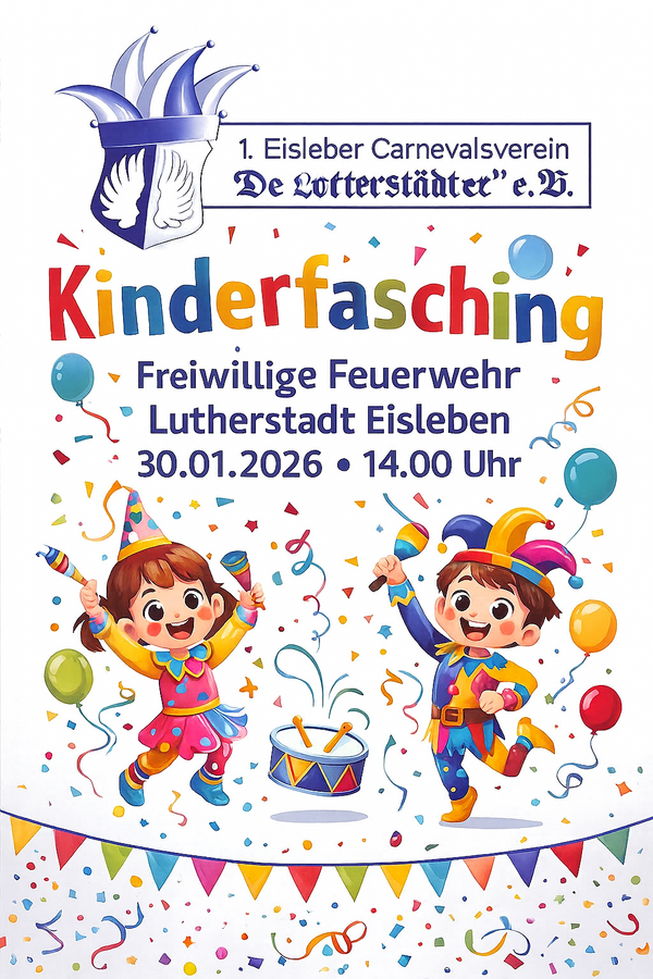 Bild vergr&ouml;&szlig;ern: Ein buntes Plakat f&uuml;r einen Kinderfasching: oben steht der 1. Eisleber Carnevalsverein "De Lotterst&auml;dter" e. V. mit Logo des Vereins (Narrenkappe, blau/wei&szlig; mit Fl&uuml;gel). In der Mitte wird der Kinderfasching der Freiwilligen Feuerwehr Lutherstadt Eisleben angek&uuml;ndigt, am 30.01.2026 um 14:00 Uhr. Unter sind zwei fr&ouml;hliche, verkleidete Kinder mit H&uuml;ten, Luftballons, Konfetti und einer Trommel abgebildet - alles sehr farbenfroh und kindgerecht.