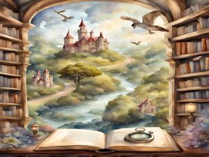 Das Bild zeigt eine m&auml;rchenhafte, fantasievolle Szene:
Im Vordergrund ein aufgeschlagenes Buch auf einem Tisch. Direkt hinter dem Buch &ouml;ffnet sich eine gro&szlig;e, bogenf&ouml;rmige &Ouml;ffnung, eingerahmt von hohen B&uuml;cherregalen voller alter B&uuml;cher - wie eine Bibliothek, die in eine andere Welt f&uuml;hrt.In dieser Welt flie&szlig;t ein geschwungener Fluss durch eine gr&uuml;ne Landschaft. Kleine Wege schl&auml;ngeln sich durch H&uuml;gel, B&auml;ume und Wiesen. Auf einer Anh&ouml;he steht ein m&auml;rchenhaftes Schloss mit T&uuml;rmen und roten D&auml;chern. In der Luft fliegen mehrere V&ouml;gel.

Die Farben sind weich und pastellig, mit viel Gr&uuml;n, Blau und warmen Lichtt&ouml;nen. Insgesamt wirkt das Bild wie eine Illustration aus einem  Fantasybuch und vermittelt das Gef&uuml;hl, dass Geschichten aus B&uuml;chern direkt in eine magische Welt f&uuml;hren.