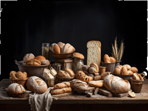 Das Bild stellt ein Stillleben-Gem&auml;lde dar. Abgebildet sind verschiedene Brot- und Br&ouml;tchensorten, Getreide&auml;hren, Gl&auml;ser und Kr&uuml;ge. Hintergrund ist schwarz.