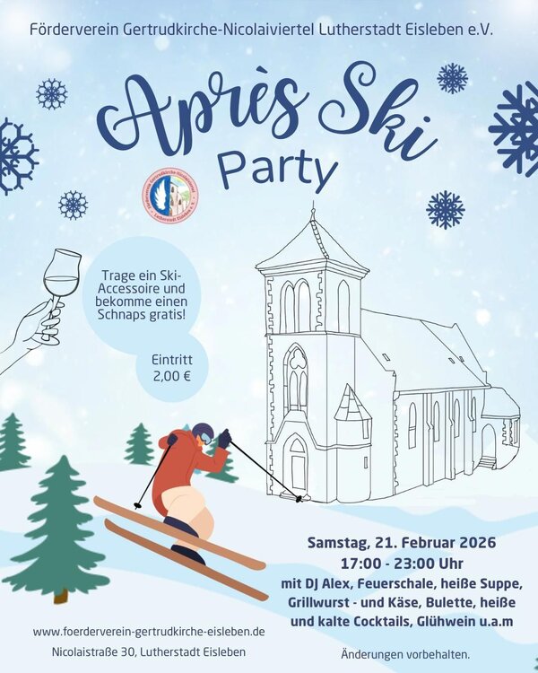 Bild vergr&ouml;&szlig;ern: Das Bild enth&auml;lt Zeichnungen einer Kirche, eines Skifahrers in Aktion, Tannenb&auml;ume und Schneeflocken mit Veranstaltungsdetails auf einem winterlichen hellblauen Hintergrund.
