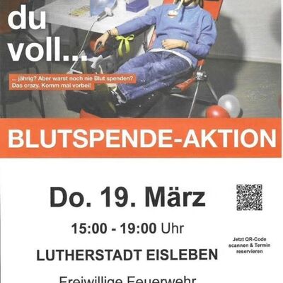 Bild zeigt ein Werbeplakat zur Blutspende.
Oberhalb sieht man eine Person welche sich sitzend entspannt zur&uuml;cklehnt. Die Person tr&auml;gt eine blaue Kleidung und ein Partyh&uuml;tchen. Auf dem Tischchen und neben der Person sind Luftballons. Rechts oben steht der Aufruf:
&raquo;Spende Blut beim Roten Kreuz&laquo; (mit dem roten Kreuz Symbol).Im unteren Teil des Posters steht:

BLUTSPENDE-AKTION

Donnerstag, 19. M&auml;rz

15:00 - 19:00 Uhr

Lutherstadt Eisleben

Freiwillige Feuerwehr

Breiter Weg 105

Rechts befindet sich au&szlig;erdem ein QR-Code, mit dem man einen Termin reservieren kann.