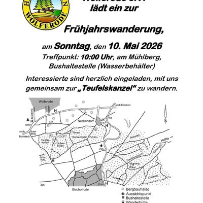 Bild zeigt Einladung zur Fr&uuml;hjahrswanderung zur Teufelskanzel.
Im mittleren Bildabschnitt befindet sich eine alte Wanderkarte. Links oben das Logo des Heimatvereins Wolferode e. V.