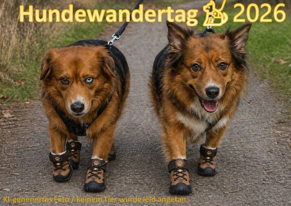 Foto zeigt zwei Mischlingshunde mit Wanderstiefeln. Dieses Foto wurde KI generiert. &Uuml;berschrift: Hundewandertag 2026