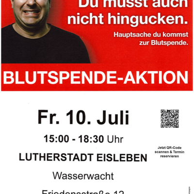Plakat mit Aufforderung zur Blutspende.
Obere H&auml;lfte des Bildes mit Roten Hintergrund. Darauf ein Mann mit &auml;ngstlichen Gesicht mit dem Spruch: Du musst auch nicht hingucken. Hauptsache du kommst zur Blutspende. Der untere Teil des Bildes ist wei&szlig; mit schwarzer Schrift. Darauf befinden sich die Eckdaten zur Blutspende-Aktion.