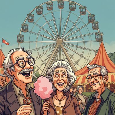 Das Bild zeigt drei fr&ouml;hliche Senioren (zwei M&auml;nner und eine Frau). Sie stehen lachend nebeneinander. Der Mann links tr&auml;gt eine Brille und h&auml;lt ein Brezel, die Frau in der Mitte h&auml;lt eine rosa Zuckerwatte. Im Zentrum ragt ein gro&szlig;es Riesenrad in den Himmel.  Rechts und links sind rot wei&szlig; gestreifte Festzelte zu erkennen.