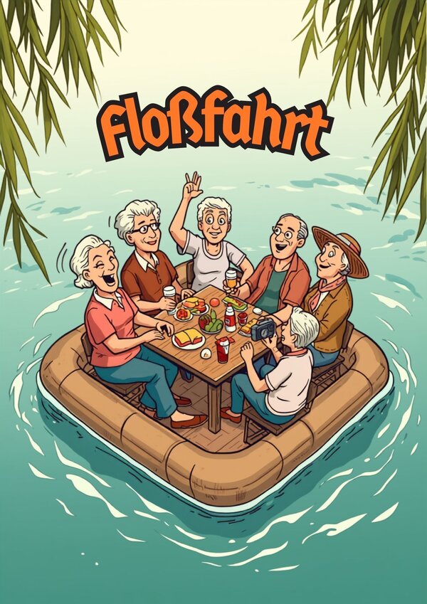 Bild vergr&ouml;&szlig;ern: Bild zeigt eine farbenfrohe Illustration im Comic-Stil, die eine Gruppe von Senioren bei einer &raquo;Flo&szlig;fahrt&laquo; zeigt. Personengruppe: F&uuml;nf Senioren (drei M&auml;nner und zwei Frauen) sitzen fr&ouml;hlich zusammen an einem Tisch, der in die Mitte eines runden Flo&szlig;es integriert ist. Sie wirken gut gelaunt, lachen und unterhalten sich.
Aktivit&auml;ten: Auf dem Tisch stehen Speisen und Getr&auml;nke. Eine Person winkt, eine andere scheint ein Foto zu machen. Dies vermittelt eine Atmosph&auml;re von Gemeinschaft und Freizeitvergn&uuml;gen.
Das Flo&szlig;: Es handelt sich um ein rundes, braunes Flo&szlig;, das sanft auf hellem, t&uuml;rkisfarbenem Wasser treibt. Wei&szlig;e Wellenlinien deuten eine leichte Bewegung des Wassers an.
Hintergrund & Rahmen: Im oberen Bereich ragen gr&uuml;ne Palmenwedel oder Bl&auml;tter ins Bild, was an eine sommerliche oder exotische Umgebung erinnert. &Uuml;ber der Szene steht in gro&szlig;en, orange-rot schattierten Buchstaben der Titel &raquo;Flo&szlig;fahrt&laquo;.