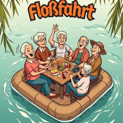 Bild zeigt eine farbenfrohe Illustration im Comic-Stil, die eine Gruppe von Senioren bei einer &raquo;Flo&szlig;fahrt&laquo; zeigt. Personengruppe: F&uuml;nf Senioren (drei M&auml;nner und zwei Frauen) sitzen fr&ouml;hlich zusammen an einem Tisch, der in die Mitte eines runden Flo&szlig;es integriert ist. Sie wirken gut gelaunt, lachen und unterhalten sich.
Aktivit&auml;ten: Auf dem Tisch stehen Speisen und Getr&auml;nke. Eine Person winkt, eine andere scheint ein Foto zu machen. Dies vermittelt eine Atmosph&auml;re von Gemeinschaft und Freizeitvergn&uuml;gen.
Das Flo&szlig;: Es handelt sich um ein rundes, braunes Flo&szlig;, das sanft auf hellem, t&uuml;rkisfarbenem Wasser treibt. Wei&szlig;e Wellenlinien deuten eine leichte Bewegung des Wassers an.
Hintergrund & Rahmen: Im oberen Bereich ragen gr&uuml;ne Palmenwedel oder Bl&auml;tter ins Bild, was an eine sommerliche oder exotische Umgebung erinnert. &Uuml;ber der Szene steht in gro&szlig;en, orange-rot schattierten Buchstaben der Titel &raquo;Flo&szlig;fahrt&laquo;.
