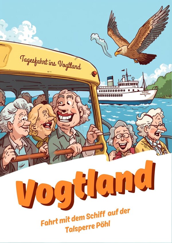 Bild vergr&ouml;&szlig;ern: Das Bild zeigt eine farbenfrohe Illustration im Comic-Stil.
 Im Vordergrund sieht man eine Gruppe gut gelaunter Senioren in einem gelben Fahrzeug. Ein lachender Mann mit grauen Haaren und Brille steht im Mittelpunkt, umringt von vier ebenfalls fr&ouml;hlichen Frauen. Ein wei&szlig;es Fahrgastschiff f&auml;hrt auf einem Gew&auml;sser, im Himmel fliegt ein Adler. Im oberen Bereich steht in Schreibschrift: &raquo;Tagesfahrt ins Vogtland&laquo;. Zentral prangt der Schriftzug &raquo;Vogtland&laquo; in gro&szlig;en, gelben Buchstaben. Darunter folgt der Hinweis: &raquo;Fahrt mit dem Schiff auf der Talsperre P&ouml;hl&laquo;.