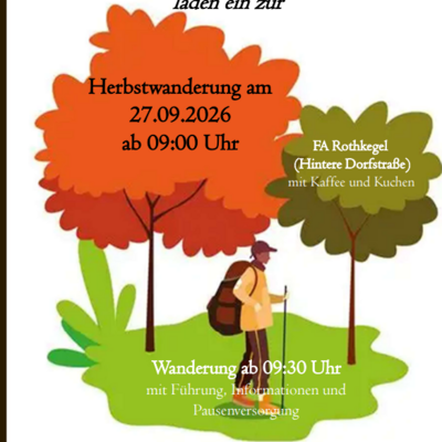 Das Bild zeigt Eckdaten zur Veranstaltung der Herbstwanderung in Unterri&szlig;dorf. Eckdaten sind vermerkt auf Herbstlich (Orange, Hell-und Dunkelgr&uuml;n )aussehenden B&auml;umen . 
