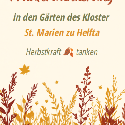 Einladung zur Kr&auml;uterwanderung.
Hintergrund im hellen Design. Im unteren Bereich sind Kr&auml;uter im herbstlichen T&ouml;nen (Orange, Braun, Hellbraun)