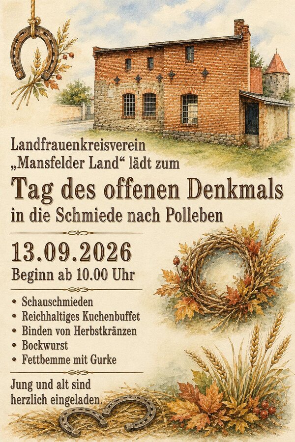 Bild vergr&ouml;&szlig;ern: Eine Einladung des Landfrauenkreisverein zum Tag des offenen Denkmals, mit Eckdaten zur Veranstaltung. 
Bild ist im l&auml;ndlich-traditionellen Stil gehalten. Im oberen Teil ist ein in aquarell-Optik historisches Backsteingeb&auml;ude zu sehen. Verziert ist das Ganze mit Grafiken von Hufeisen und Getreidekranz.