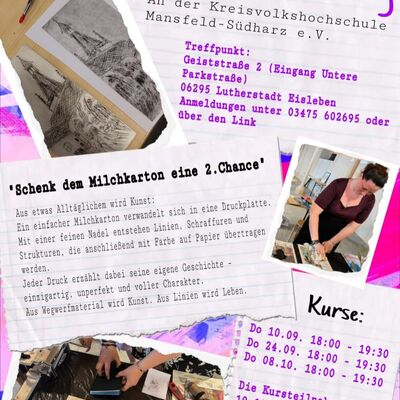 Das Bild enth&auml;lt die Eckdaten f&uuml;r den Kurs und ist farbenfroh in Lila- und Rosat&ouml;nen gestaltet und enth&auml;lt mehrere Beispielfotos, die den Druckprozess und fertige Bilder zeigen.