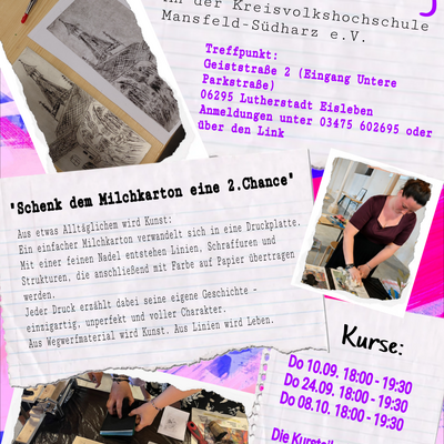 Das Bild zeigt ein Kursangebot der Kreisvolkshochschule. Kurs Kaltnadelradierung. Das Bild in in zarten lila gehalten mit den genauen Eckdaten. Links oben ist ein Bild eingearbeitet mit fertigen Drucken. Mittig rechts mit der Kursleiterin, unten links die Drucktechnik.