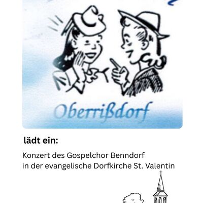 Im oberen Teil befindet sich eine gezeichnete Grafik, 
die zwei Frauen im Retro-Stil der 1950er Jahre zeigt, die H&uuml;te tragen und sich angeregt unterhalten.
&Uuml;ber den Frauen steht in geschwungener, blauer Schrift das Wort &raquo;Frauenverein&laquo;, 
darunter der Ortsname &raquo;Oberri&szlig;dorf&laquo;.Unten rechts ist eine einfache Strichzeichnung 
einer kleinen Kirche mit einem spitzen Kirchturm zu sehen.
Zusatztext: Konzert des Gospelchor Benndorf in der evangelische Dorfkirche St. Valentin
