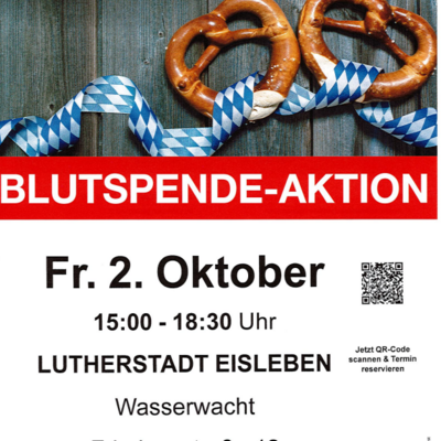 Das Bild zeigt einen Flyer f&uuml;r eine Blutspende-Aktion des Deutschen Roten Kreuzes (DRK), 
die unter dem Motto &raquo;Oktoberfest&laquo; steht.
Motto: &raquo;PACK MAS! JETZT GEHT'S AUF DIE WIESN!&laquo; mit einer Grafik von zwei Brezeln und einem blau-wei&szlig;en Rautenband 
(bayerisches Flaggenmuster). Darunter steht der Slogan &raquo;Wir feiern Oktoberfest!&laquo;.
Auf der rechten Seite befindet sich ein QR-Code mit dem Hinweis &raquo;Jetzt QR-Code scannen & Termin reservieren&laquo;.
Kontakt & Infos: Am unteren Rand sind Service-Informationen abgedruckt, darunter die kostenlose Hotline (0800/11 949 11) 
sowie die Websites blutspende-leben.de und spenderservice.net.
