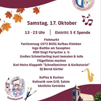 Das Bild zeigt einen Flyer f&uuml;r eine Veranstaltung, Herbstfest, des F&ouml;rdervereins der Gertrudkirche.
Das Plakat nutzt eine weinrote Kopfzeile und Fu&szlig;zeile sowie einen wei&szlig;en Hintergrund mit weinroter Schrift mit allen wichtige Eckdaten der Veranstaltung.
Oben rechts befindet sich das runde Logo des F&ouml;rdervereins, unten rechts eine Illustration der Kirche.
Links unten befindet sich eine Karikatur eines K&uuml;nstlers (Schnellzeichner).