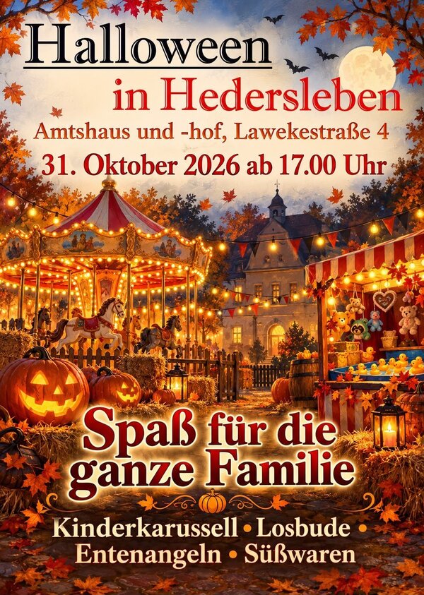 Bild vergr&ouml;&szlig;ern: Das Bild zeigt ein farbenfrohes, herbstlich gestaltetes Veranstaltungsplakat f&uuml;r ein Halloween-Fest in Hedersleben
Die Illustration zeigt eine stimmungsvolle Jahrmarkt-Szene bei D&auml;mmerung. Im Mittelpunkt stehen ein 
beleuchtetes Kinderkarussell, Marktbuden, K&uuml;rbisse mit geschnitzten Gesichtern und herbstliche B&auml;ume 
vor einem historischen Geb&auml;ude (dem Amtshaus).
Mittig auf dem Bild wirbt der Schriftzug &raquo;Spa&szlig; f&uuml;r die ganze Familie&laquo;.