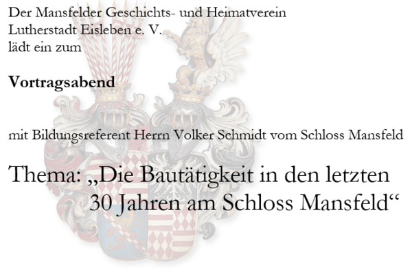 Das Logo des Heimat und Geschichtsvereins der Lutherstadt Eisleben (Wappen der Grafen von Mansfeld)
&Uuml;berwiegend Text auf hellem Hintergrund. Mittig steht der Text, dahinter ist dezent ein historisches Wappen (Mansfelder Grafen) 
als Hintergrundgrafik eingeblendet. 