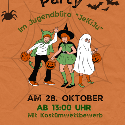 Das Bild zeigt ein Plakat f&uuml;r eine Halloween-Party. Der Hintergrund ist orange und sieht aus wie zerknittertes Papier.
Oben steht in gro&szlig;en Buchstaben &raquo;Halloween Party&laquo;. Darunter steht in gr&uuml;ner Schrift &raquo;im Jugendb&uuml;ro 'JeKiJu'&laquo;.
In der Mitte sind drei Kinder in Kost&uuml;men zu sehen: ein gr&uuml;ner Teufel, eine Hexe im gr&uuml;nen Kleid und ein wei&szlig;es Gespenst. Alle drei tragen kleine K&uuml;rbiseimer f&uuml;r S&uuml;&szlig;igkeiten. Im Hintergrund sieht man ein gro&szlig;es Spinnennetz, eine Spinne und Flederm&auml;use.
Es gibt auch einen Kost&uuml;mwettbewerb.
Ganz unten steht neben einem gr&uuml;nen Standort-Symbol die Adresse: Sangerh&auml;user Stra&szlig;e 1-4.
