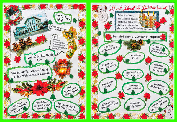 Das Bild zeigt den aktuellen Flyer zum Eisleber Kreativmarkt. Es ist sehr bunt, rot dominiert im Bild. Es sind kleine Sticker mit einen Schneemann, Lichterkranz und Weihnachtssterne aufgeklebt. In kleinen Sprechblasen wurden die Angebote ebenfalls aufgeklebt. Eine nette handwerkliche und aufwendige Arbeit.   