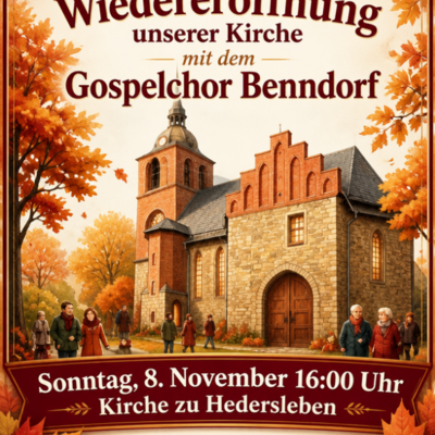 Das Bild ist ein herbstlich gestaltetes Veranstaltungsplakat f&uuml;r ein Kirchenfest.
Eine Illustration einer historischen Kirche aus Naturstein mit einem markanten Turm und einem gro&szlig;en Holztor. Im Vordergrund spazieren mehrere Menschen in herbstlicher Kleidung auf Kirchg&auml;ngern zu.