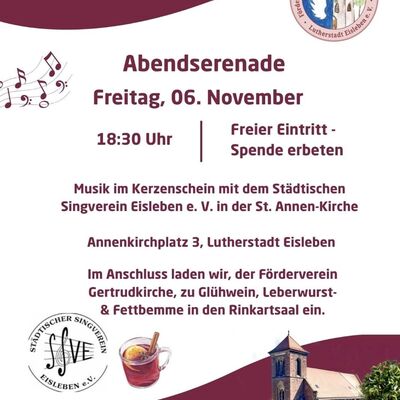 Veranstaltungsplakat ist minimalistisch in den Hauptfarben Wei&szlig; und Dunkelrot gestaltet.
Im oberen und mittleren Bereich befinden sich zwei runde Vereinslogos - eines f&uuml;r den F&ouml;rderverein Gertrudkirche-Nicolaiviertel und eines f&uuml;r den St&auml;dtischen Singverein Eisleben. Eine kleine, filigrane Grafik aus Musiknoten lockert das Textbild auf. Zudem illustriert eine kleine farbige Zeichnung ein dampfendes Glas Gl&uuml;hwein mit einer Orangenscheibe und einer Zimtstange.
Unten rechts ist ein farbiges Foto der Gertrud-Kirche abgebildet, das die Architektur des Backsteinbaus mit seinem markanten Turm zeigt.
Der Text ist &uuml;bersichtlich zentriert angeordnet, wobei wichtige Schlagworte durch gr&ouml;&szlig;ere, dunkelrote Schrift hervorgehoben sind. Den unteren Abschluss des Plakats bildet ein durchgehender, dunkelroter Balken, auf dem in wei&szlig;er Schrift Kontaktinformationen stehen.
