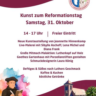 Das Bild zeigt ein farbenfrohes, hochformatiges Plakat des F&ouml;rdervereins Gertrudkirche, das zu einer Veranstaltung namens &raquo;Kunst zum Reformationstag&laquo; einl&auml;dt.
Hintergrund & Layout: Der mittlere Teil ist wei&szlig; gehalten, w&auml;hrend der obere und untere Teil ein violett Farbdesign mit Grafiken aufweist.
Oben rechts befindet sich das kreisrunde, rosa-wei&szlig;e Logo des F&ouml;rdervereins Gertrudkirche-Nicolaiviertel e.V.
Unten links ist eine historische Illustration von Martin Luther mit einem Buch zu sehen.
Unten rechts ist eine gezeichnete Ansicht der Gertrudkirche mit einer Steinmauer und B&auml;umen abgebildet.
Am unteren Rand stehen die Adresse (Nicolaistra&szlig;e 30, 06295 Lutherstadt Eisleben), die Website und die E-Mail-Adresse des Vereins.
